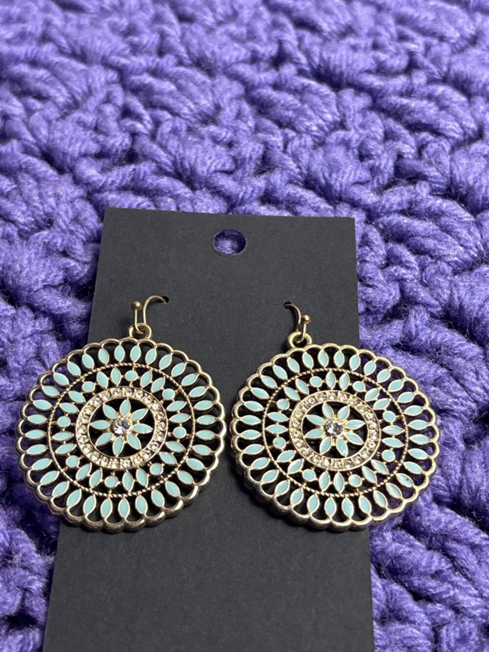 Circle Floral Medallion Dangle Earrings Goldtone Green Enamel Clear Rhinestones